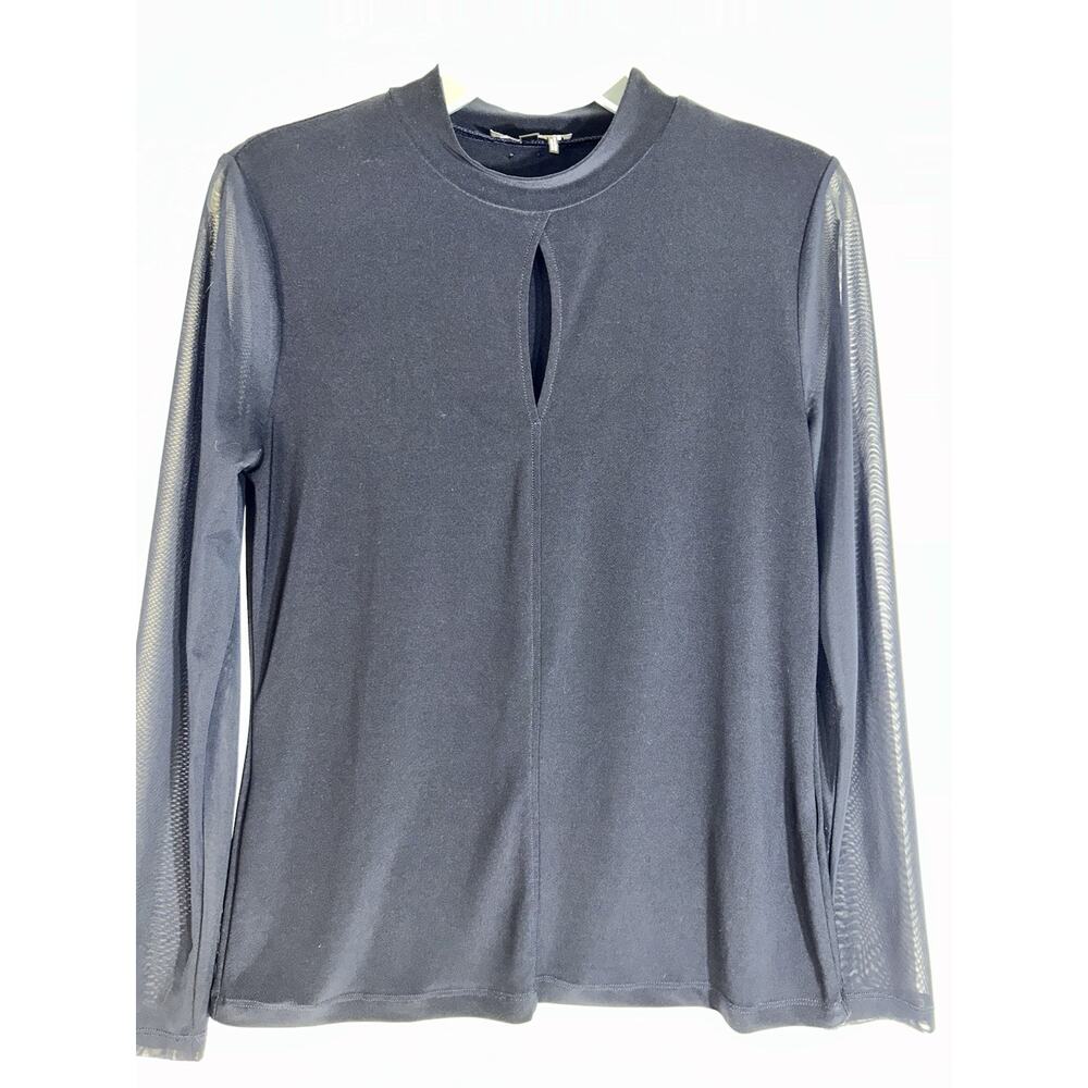 DKNY Classic Black Mesh Long Sleeve Mock Neck Keyhole-Front Top #P9GHRCHY Medium